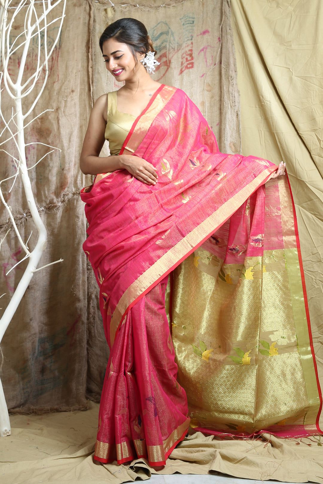 Magenta Cotton Tissue Handwoven Soft Saree With Allover Zari Weaving