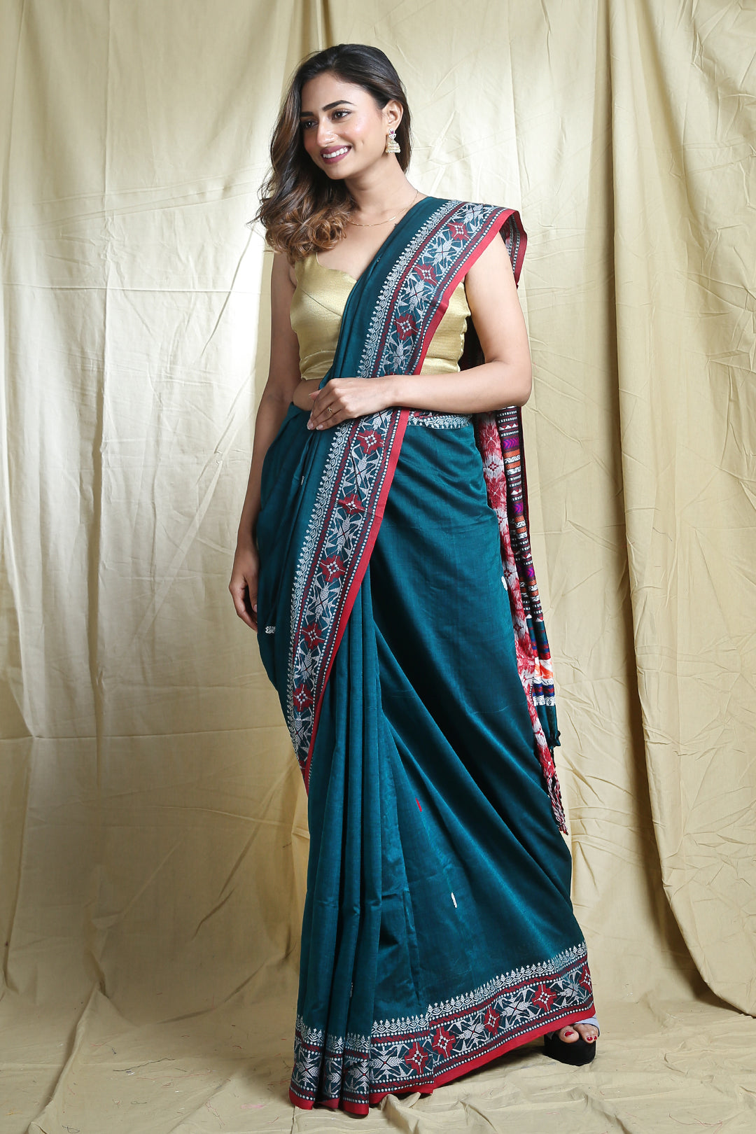 Teal Cotton Handwoven Soft Saree With Design Pallu & Border