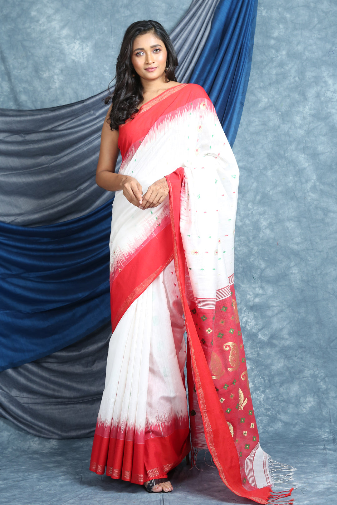 Pearl White Red Boder Saree with Woven Pallu