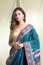 Load image into Gallery viewer, Teal Cotton Handwoven Soft Saree With Design Pallu &amp; Border
