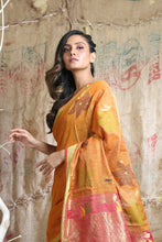 Load image into Gallery viewer, Mustard Cotton Tissue Handwoven Soft Saree With Allover Flower Zari Weaving
