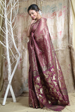 Load image into Gallery viewer, Wine Silk Cotton Handwoven Soft Saree With Allover Copper Zari Weaving
