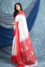 Load image into Gallery viewer, Pearl White Red Boder Saree with Woven Pallu
