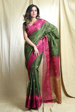 Load image into Gallery viewer, Green Blended Cotton Handwoven Soft Saree With Allover Flower Butta

