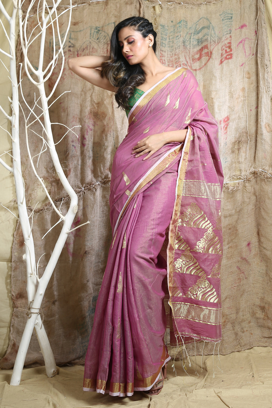 Pink Cotton Tissue Handwoven Soft Saree With Allover Zari Woven