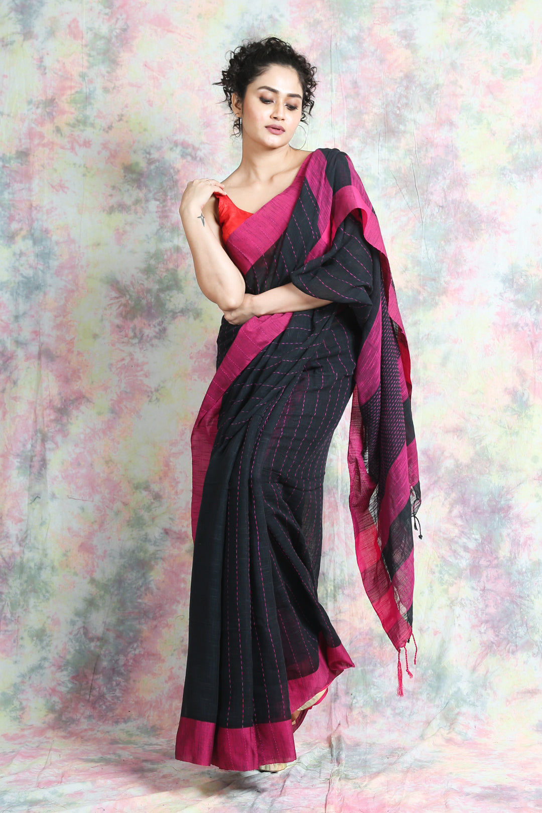Kantha Style Black Handloom Saree