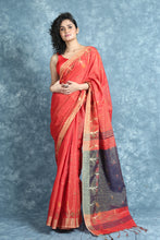 Load image into Gallery viewer, Red Tissue Saree With Allover Zari Weaving &amp; Navy Blue Pallu
