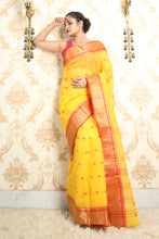 Load image into Gallery viewer, Yellow Handwoven Cotton Tant Saree With All Over Butta
