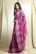 Load image into Gallery viewer, Magenta Blended Cotton Handwoven Soft Saree With Allover Stripes
