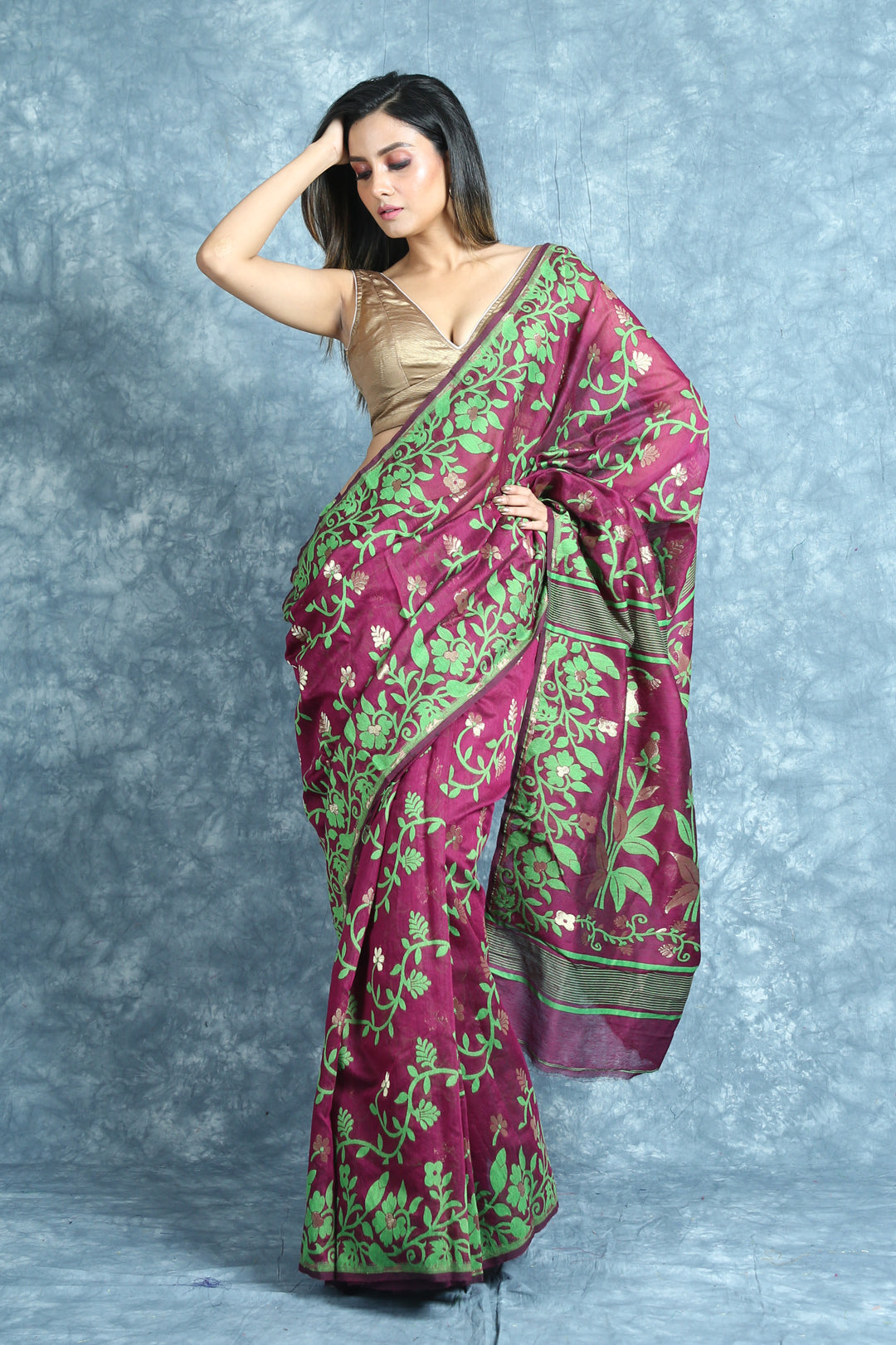 Floral Weaving Majenta Jamdani Saree