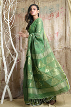 Load image into Gallery viewer, Mint Green Cotton Tissue Handwoven Soft Saree With Allover Zari Woven
