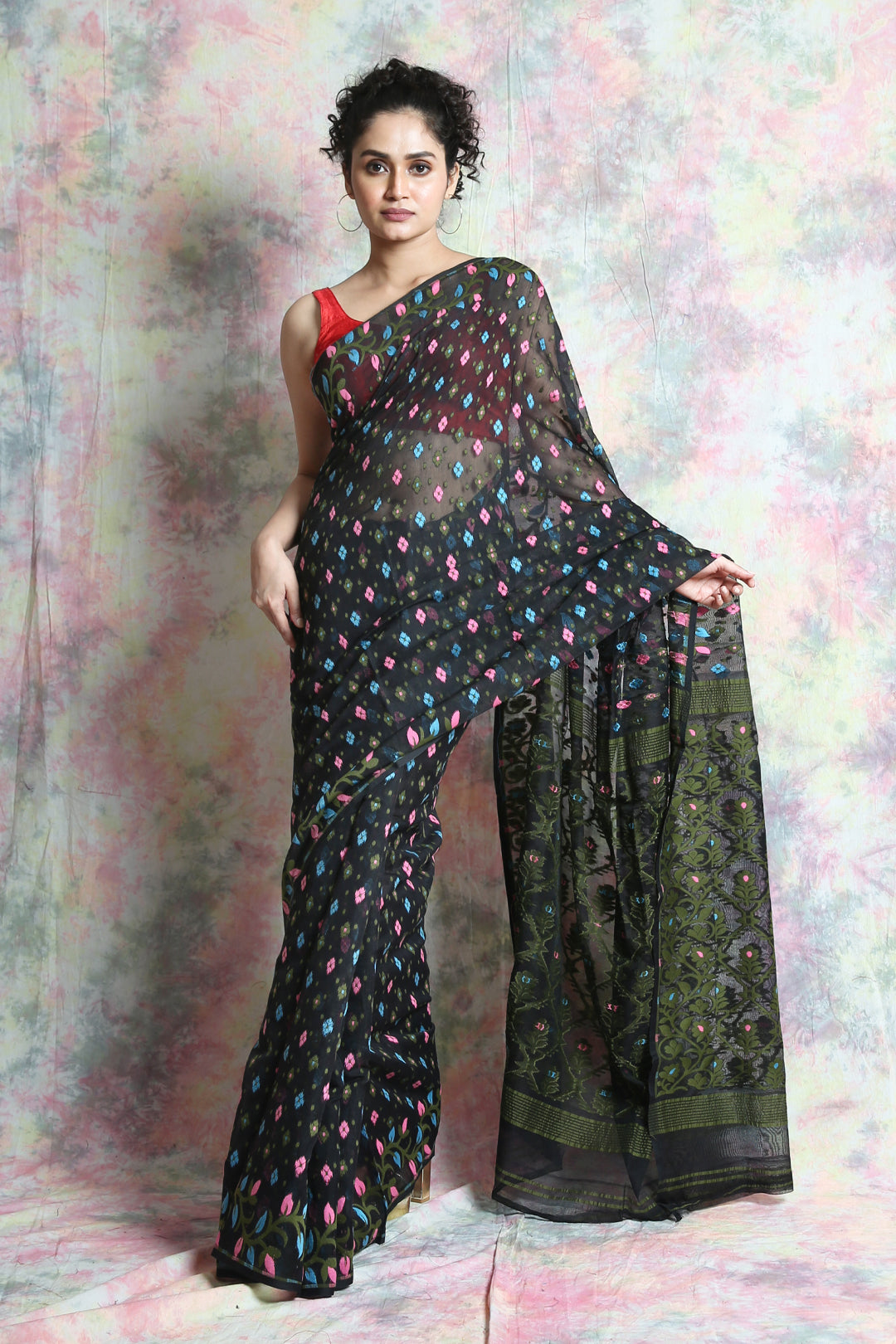 Black Jamdani  Saree With Multicolour Butta