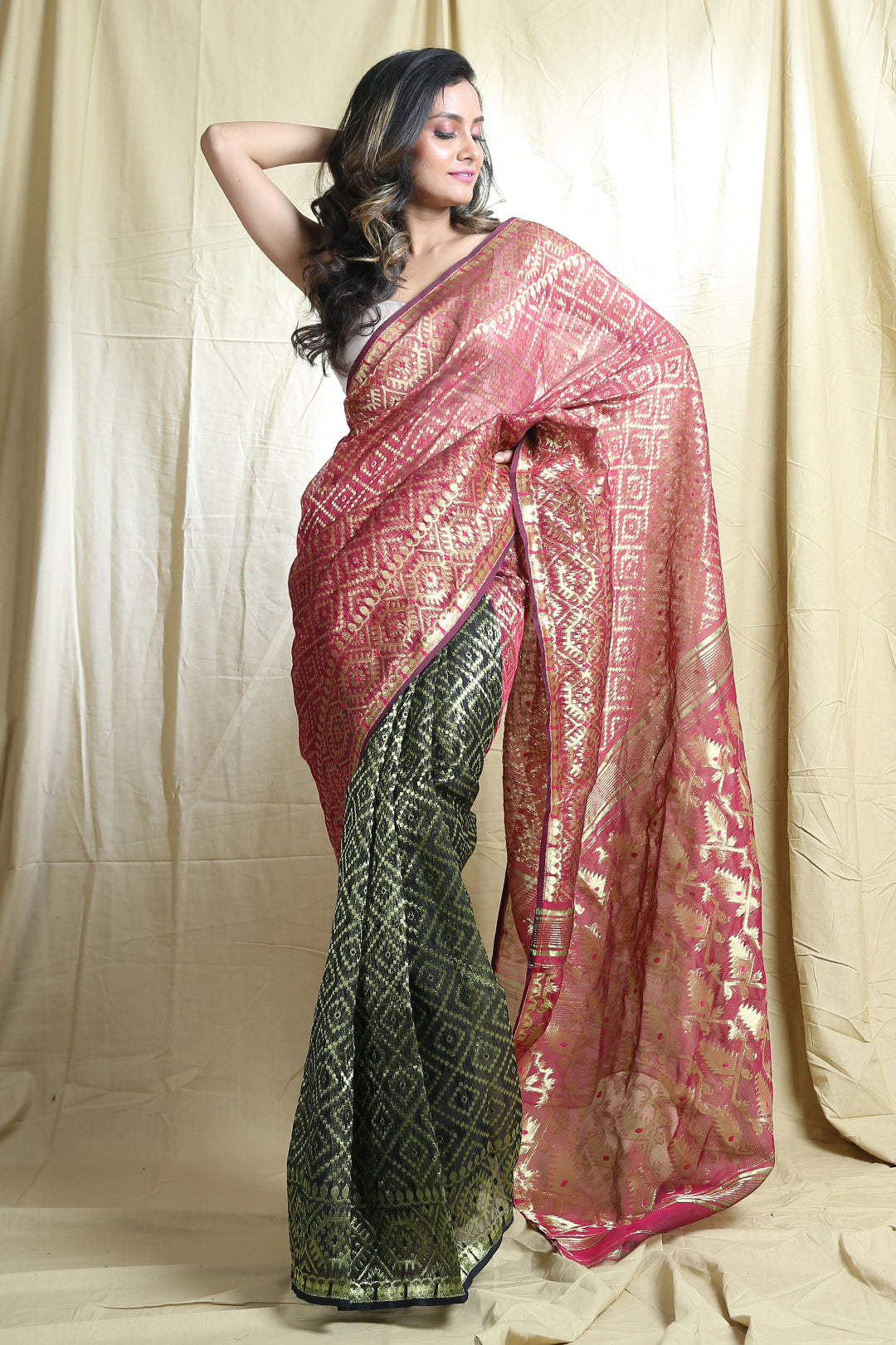 Red Silk Cotton Handwoven Soft Saree With Allover Copper Zari Weaving