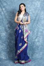 Load image into Gallery viewer, Blue Linen Handwoven Soft Saree With Zari Work
