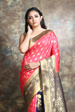 Load image into Gallery viewer, Pink &amp; Navy Blue Half &amp; Half Blended Silk Handwoven Soft Saree With Allover Copper Zari Leaf Design Woven
