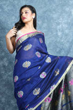 Load image into Gallery viewer, Blue Linen Handwoven Soft Saree With Zari Work
