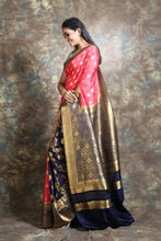 Load image into Gallery viewer, Pink &amp; Navy Blue Half &amp; Half Blended Silk Handwoven Soft Saree With Allover Copper Zari Leaf Design Woven
