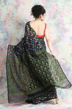 Load image into Gallery viewer, Black Jamdani  Saree With Multicolour Butta
