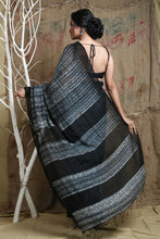 Load image into Gallery viewer, Black Cotton Handwoven Soft Saree With Stripes Pallu
