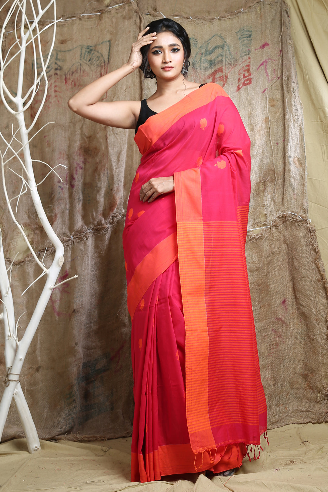 Red Blended Cotton Handwoven Soft Saree With Stripes Pallu