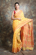 Load image into Gallery viewer, Yellow Silk Cotton Handwoven Soft Saree With Allover Copper Zari Weaving

