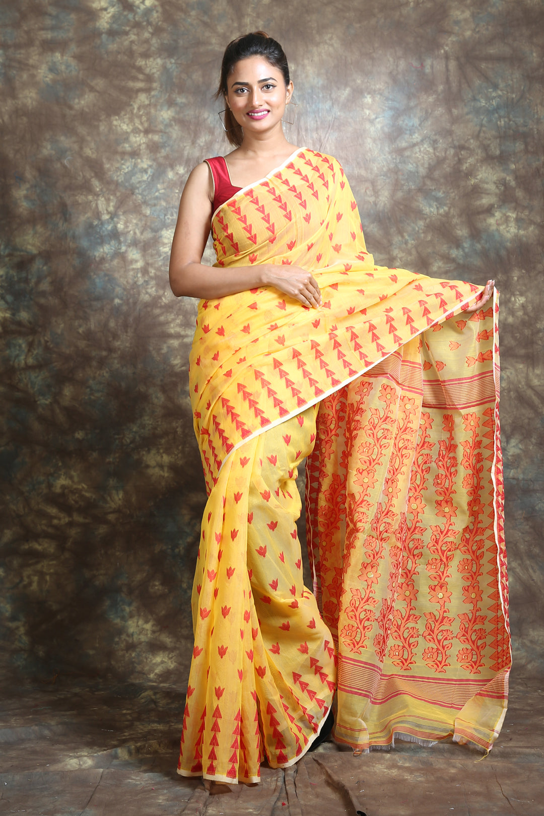 Yellow Silk Cotton Handwoven Soft Saree With Allover Copper Zari Weaving