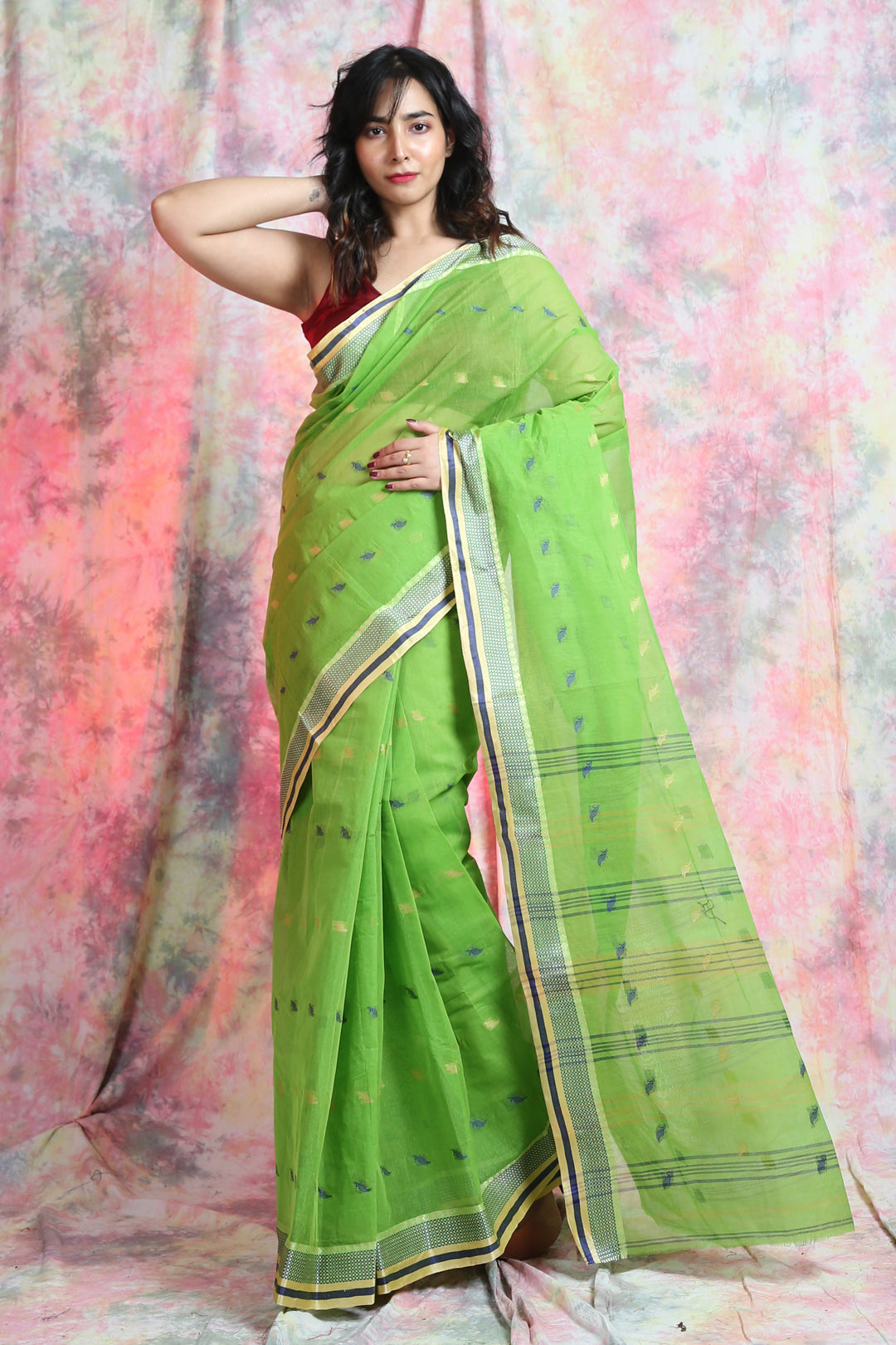 Parrot Green Handwoven Cotton Tant Saree