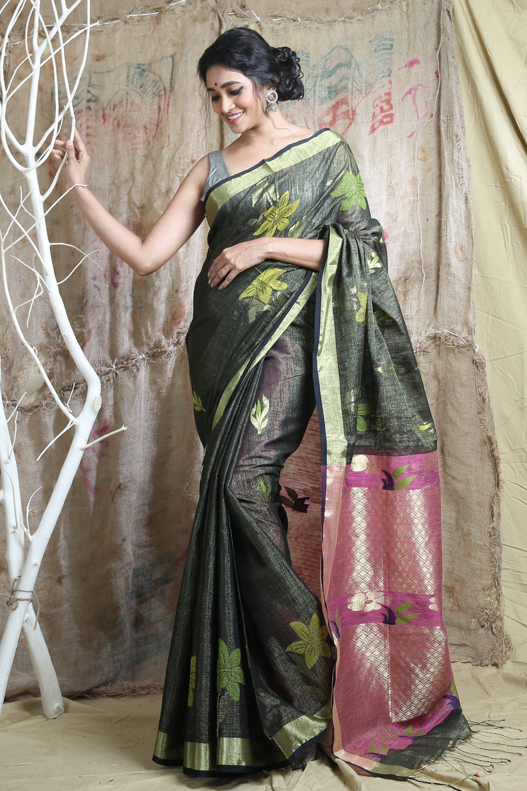 Grey Cotton Tissue Handwoven Soft Saree With Allover Flower Zari Weaving