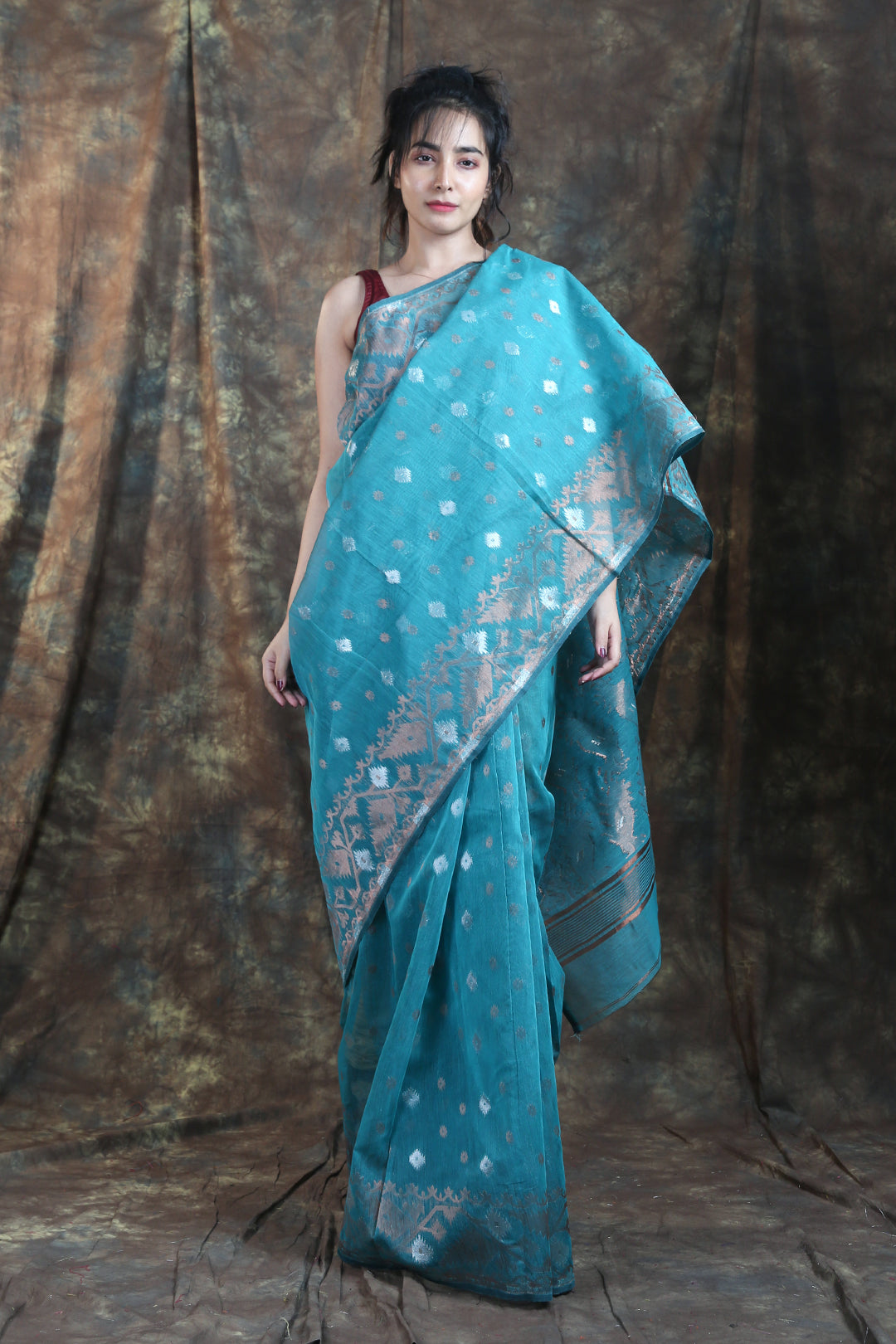 Teal Blue Copper Zari Weaving Jamdani Saree