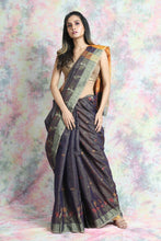 Load image into Gallery viewer, Navy Blue Zari Weaving Tissue Saree With Yellow Pallu
