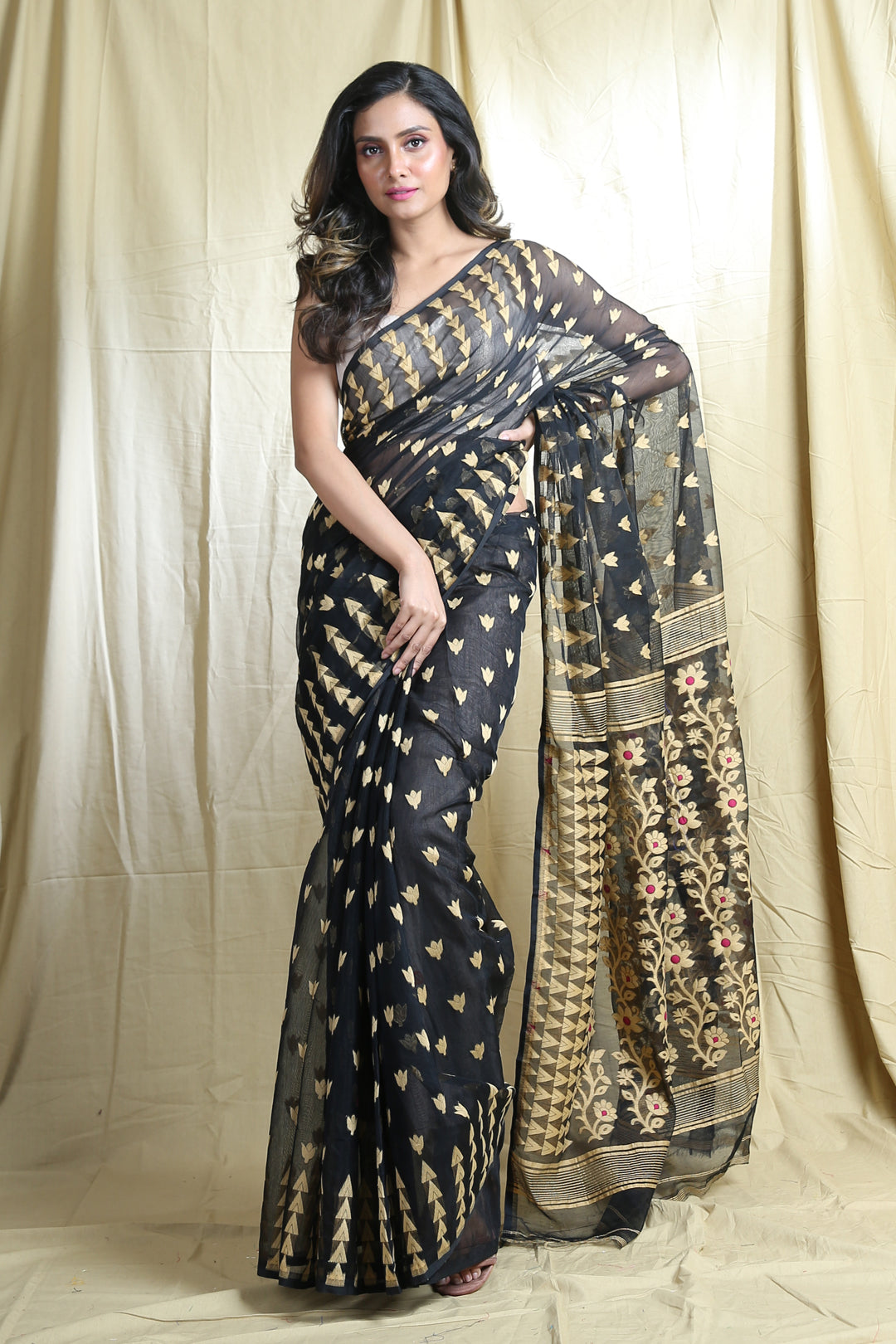 Black Silk Cotton Handwoven Soft Saree With Allover Copper Zari Weaving