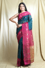 Load image into Gallery viewer, Teal Blended Cotton Handwoven Soft Saree With Allover Leaf Design

