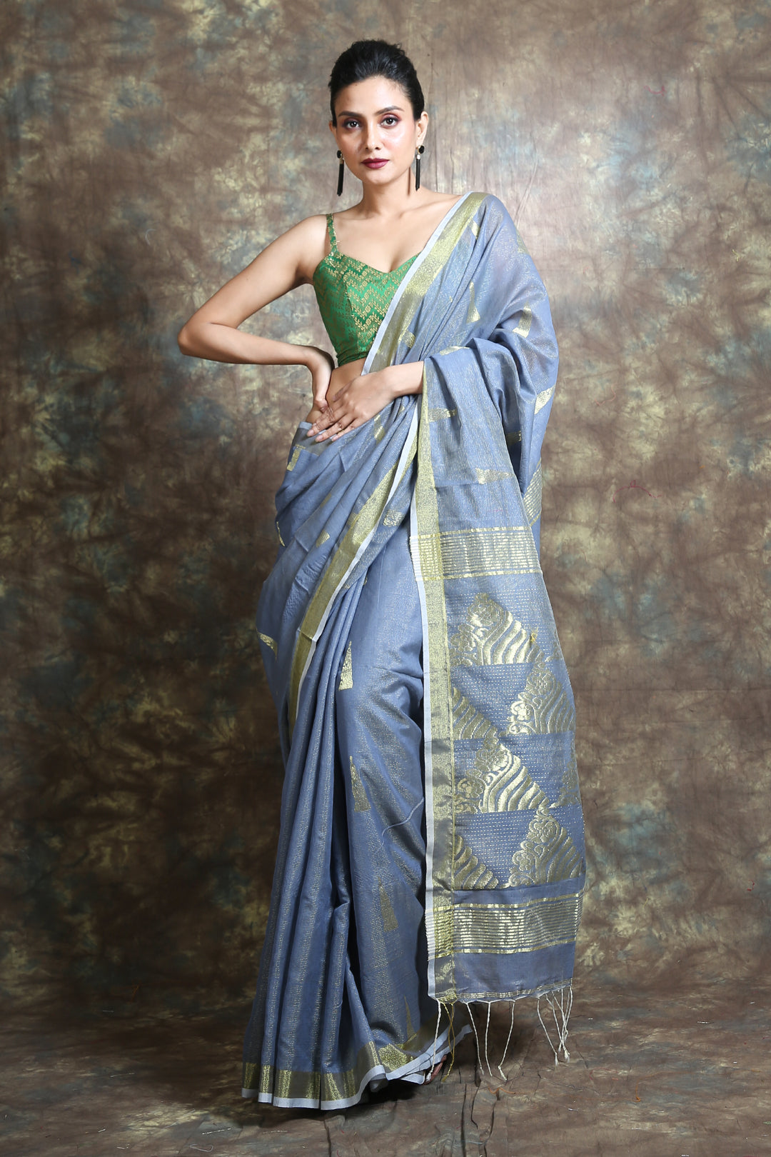 Grey Cotton Tissue Handwoven Soft Saree With Allover Zari Woven
