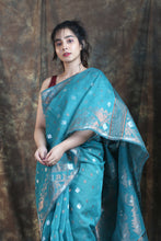 Load image into Gallery viewer, Teal Blue Copper Zari Weaving Jamdani Saree
