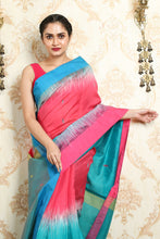 Load image into Gallery viewer, Sky Blue &amp; Pink Ikkat Handloom Saree
