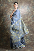 Load image into Gallery viewer, Grey Cotton Tissue Handwoven Soft Saree With Allover Zari Woven
