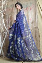 Load image into Gallery viewer, Blue Silk Cotton Handwoven Soft Saree With Allover Thread Weaving
