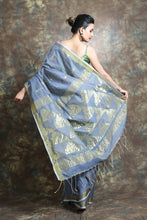 Load image into Gallery viewer, Grey Cotton Tissue Handwoven Soft Saree With Allover Zari Woven
