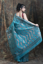 Load image into Gallery viewer, Teal Blue Copper Zari Weaving Jamdani Saree
