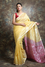 Load image into Gallery viewer, Light Yellow Silk Cotton Handwoven Soft Saree With Allover Copper Zari Weaving
