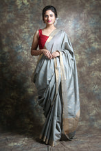 Load image into Gallery viewer, Grey Blended Silk Handwoven Soft Saree With Allover Zari Work &amp; Border
