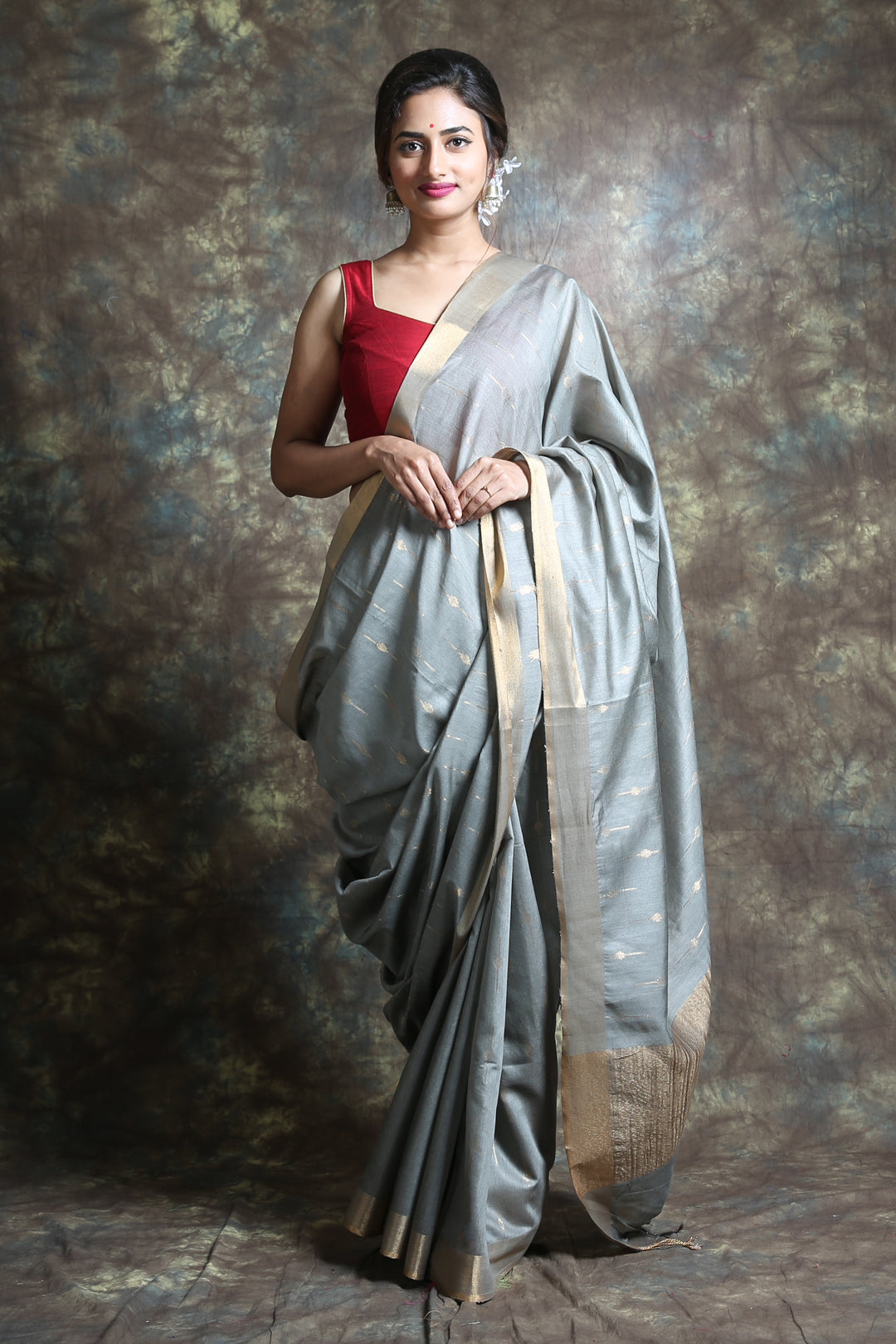 Grey Blended Silk Handwoven Soft Saree With Allover Zari Work & Border