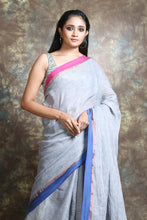 Load image into Gallery viewer, Silver Linen Handwoven Soft Saree With Dual Color Border
