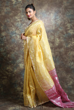 Load image into Gallery viewer, Light Yellow Silk Cotton Handwoven Soft Saree With Allover Copper Zari Weaving
