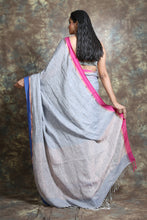 Load image into Gallery viewer, Silver Linen Handwoven Soft Saree With Dual Color Border
