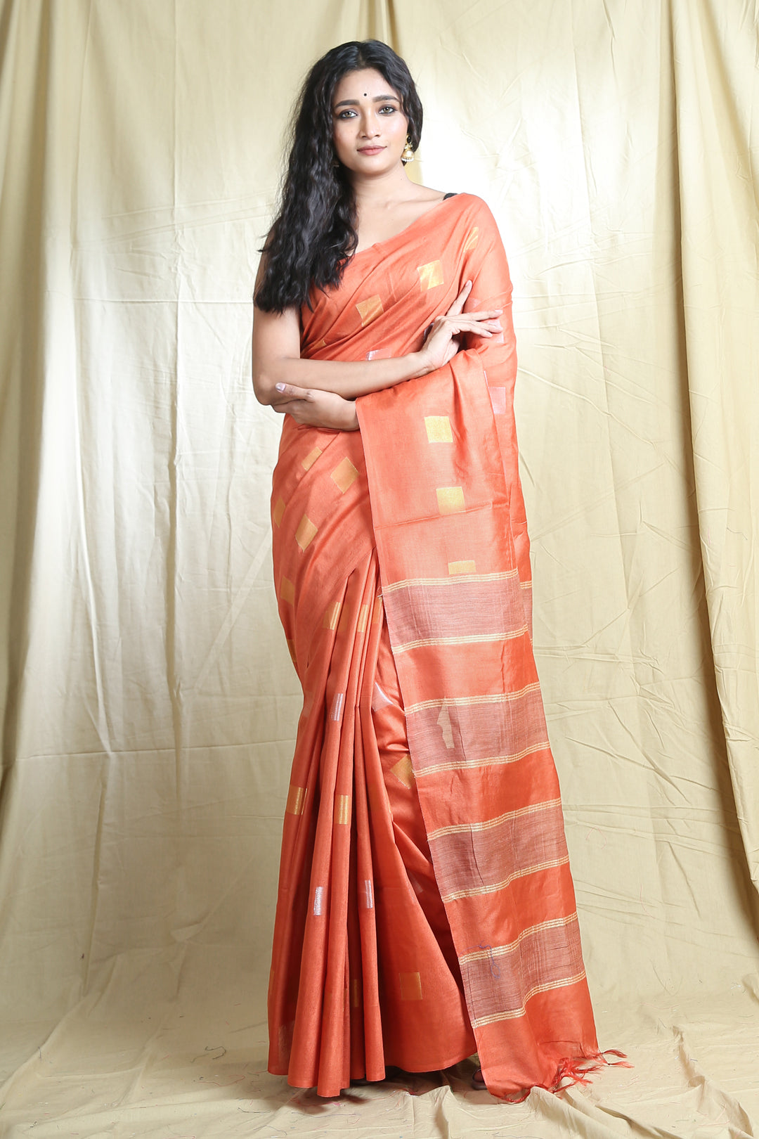 Orange Blended Silk Handwoven Soft Saree With Allover Zari Box Design