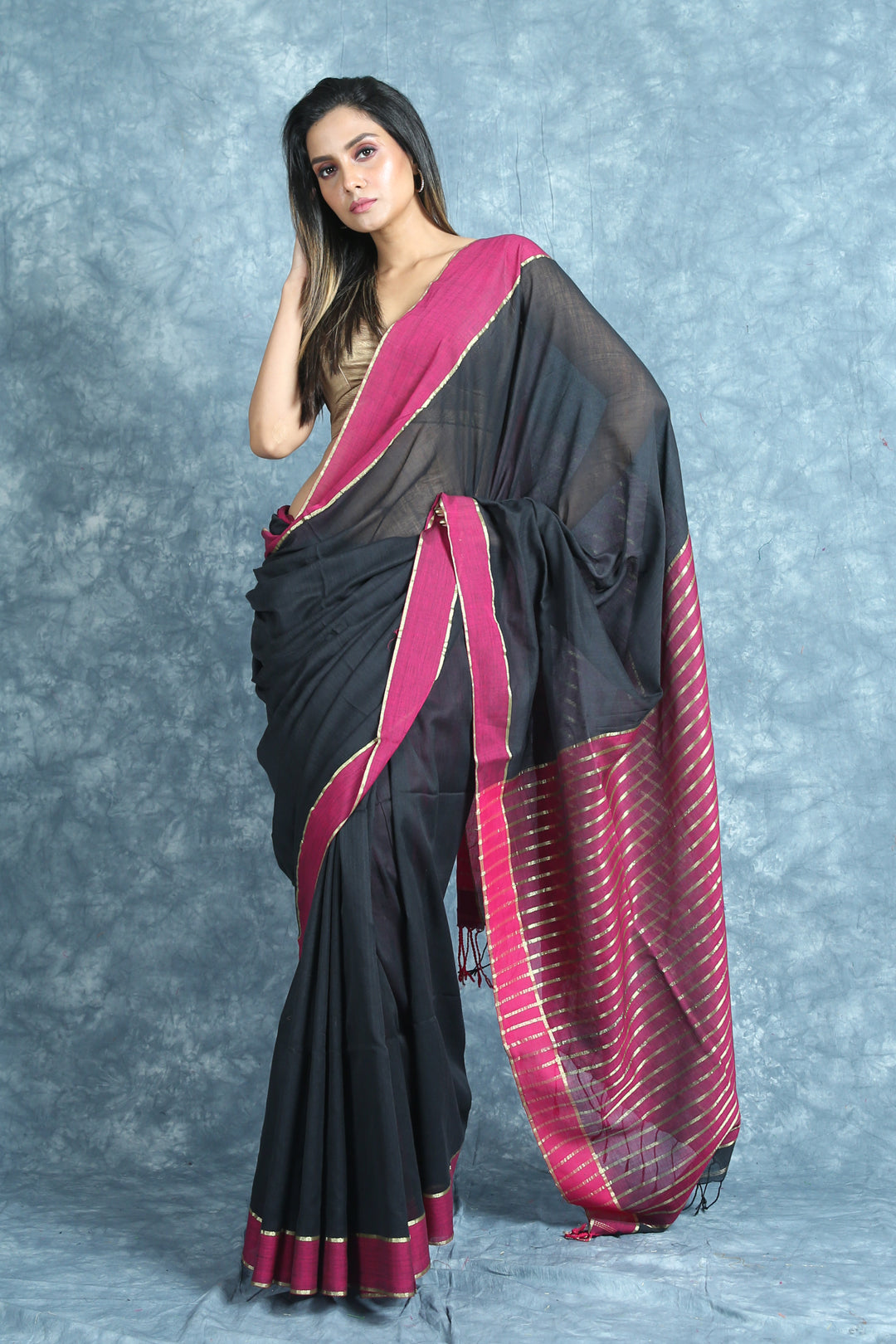 Black Handloom Saree With Zari Stripes Pallu