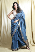 Load image into Gallery viewer, Stone Blue Blended Silk Handwoven Soft Saree With Allover Zari Work &amp; Border
