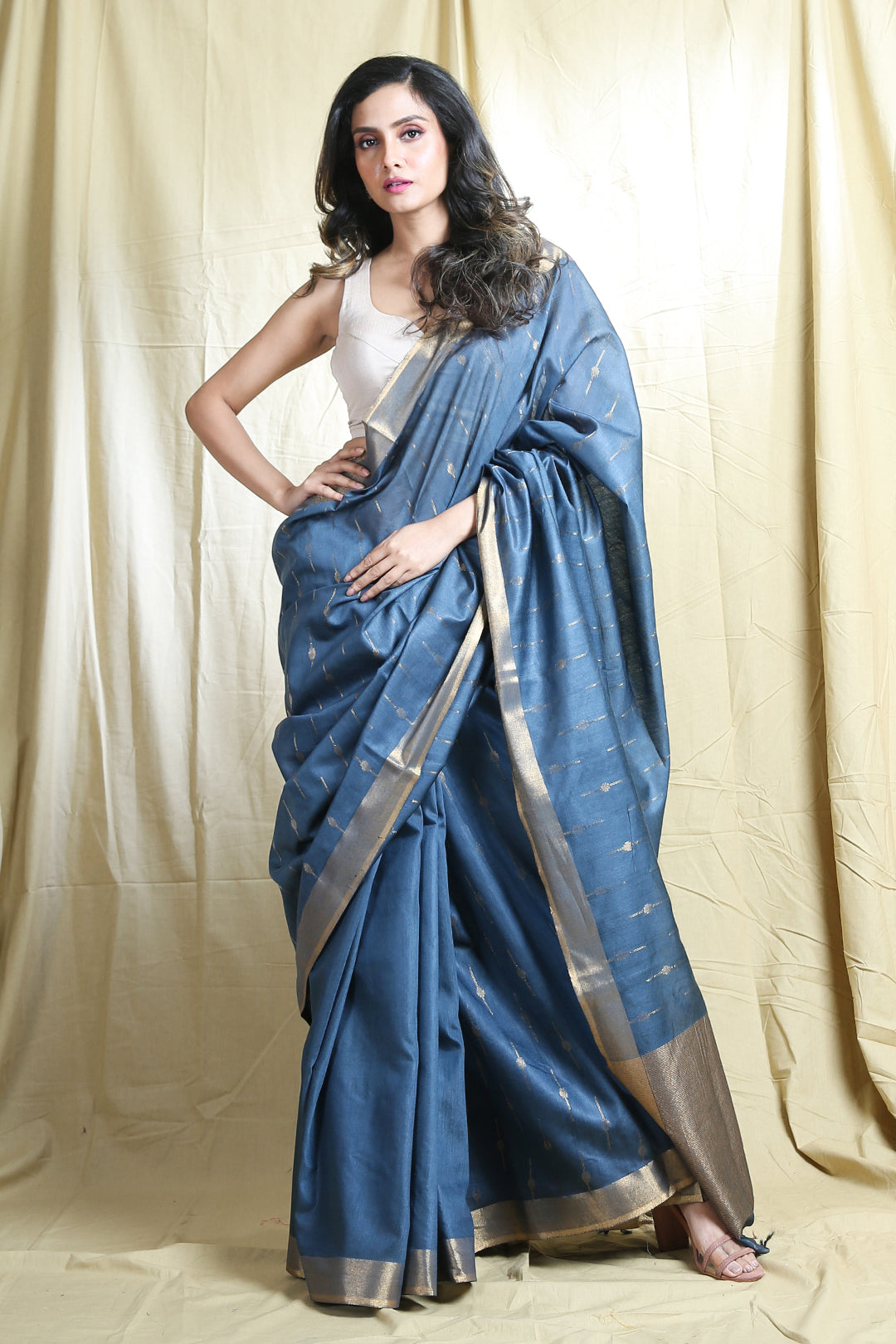 Stone Blue Blended Silk Handwoven Soft Saree With Allover Zari Work & Border