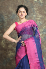 Load image into Gallery viewer, Blue Handwoven Tant Saree With Magenta Border
